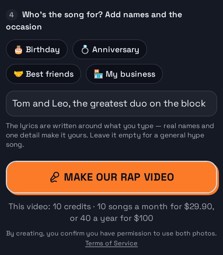 Step 4 in the studio: the topic box filled in with “Tom and Leo, the greatest duo on the block” above the Make our rap video button