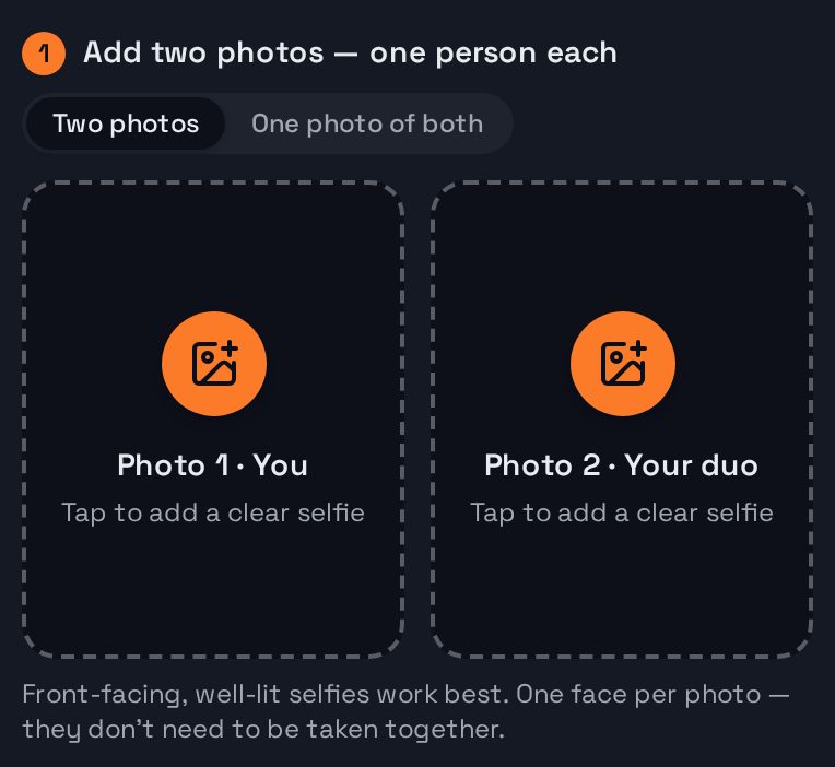 Step 1 of the AI rap video studio: two empty photo slots, Photo 1 (you) and Photo 2 (your duo)