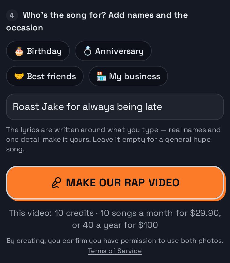 Step 4 in the studio: the topic box filled in with “Roast Jake for always being late” above the Make our rap video button